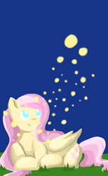Size: 1600x2600 | Tagged: safe, artist:wimple, character:fluttershy, species:pegasus, species:pony, female, firefly, grass, insect, mare, night, smiling