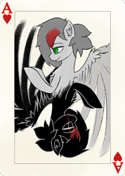 Size: 731x1024 | Tagged: safe, artist:move, oc, oc only, oc:move, species:pegasus, species:pony, ace, duo, gray mane, green eyes, grey fur, playing card, shadow, smiling, wings