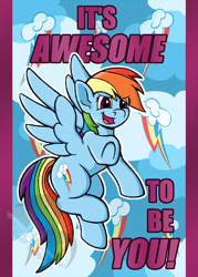 Size: 1500x2100 | Tagged: safe, artist:riverfox237, character:rainbow dash, species:pegasus, species:pony, cutie mark, female, open mouth, pointing, postcard, solo