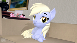 Size: 3840x2160 | Tagged: safe, artist:owlpirate, character:derpy hooves, species:dog, species:pegasus, species:pony, g4, 3d, couch, crossed legs, cute, derpabetes, doge, eyebrows, female, looking at you, lying down, mare, meme, ponified meme, prone, shiba inu
