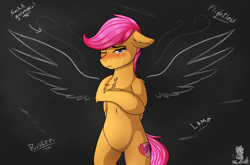 Size: 2600x1720 | Tagged: safe, artist:monsoonvisionz, character:scootaloo, species:pegasus, species:pony, bipedal, bullying, chalkboard, chest fluff, crying, cutie mark, female, looking at you, sad, solo, the cmc's cutie marks