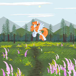 Size: 1920x1920 | Tagged: safe, artist:agdistis, oc, oc only, oc:ginger peach, species:pegasus, species:pony, /mlp/, clearing, cloud, drawthread, flower, green eyes, mountain, mountain range, orange hair, pegasus oc, sun, wings