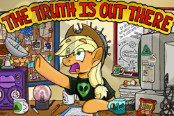 Size: 1265x846 | Tagged: safe, artist:riverfox237, character:applejack, character:mare do well, species:earth pony, species:pony, alicorn amulet, apple, apple core, cease and desist, chips, clothing, computer, conspiracy, eye clipping through hair, food, hat, loch ness monster, mug, newspaper, parasprite, pencil, photographs, plasma ball, poison joke, satellite dish, shirt, t-shirt, tinfoil hat, van de graaf generator, watermark, zap apple