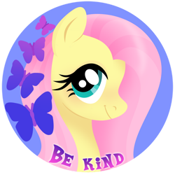 Size: 1024x1024 | Tagged: safe, artist:kabuvee, part of a set, character:fluttershy, species:pony, be kind, bust, butterfly, circle background, cute, female, kindness, looking at you, mare, portrait, shyabetes, simple background, smiling, solo, three quarter view, transparent background