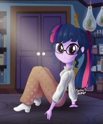 Size: 1536x1856 | Tagged: safe, artist:saltymango, character:twilight sparkle, character:twilight sparkle (scitwi), species:eqg human, my little pony:equestria girls, alternate clothes, alternate hairstyle, blouse, boots, cute, female, glasses, light, looking at you, ponytail, shoes, sitting, solo, twiabetes