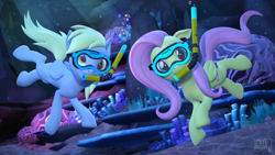 Size: 3840x2160 | Tagged: safe, artist:owlpirate, character:derpy hooves, character:fluttershy, species:pegasus, species:pony, 3d, bubble, crepuscular rays, diving goggles, sfm pony, snorkel, source filmmaker, underwater, water