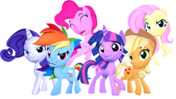 Size: 3840x2160 | Tagged: safe, artist:owlpirate, character:applejack, character:fluttershy, character:pinkie pie, character:rainbow dash, character:rarity, character:twilight sparkle, character:twilight sparkle (unicorn), species:earth pony, species:pegasus, species:pony, species:unicorn, my little pony:pony life, 3d, alternate hairstyle, eyes closed, mane six, open mouth, sfm pony, simple background, source filmmaker, transparent background