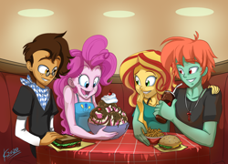 Size: 1600x1151 | Tagged: safe, artist:moostargazer, commissioner:imperfectxiii, character:pinkie pie, character:sunset shimmer, oc, oc:copper plume, oc:ruby sword, my little pony:equestria girls, burger, canon x oc, chocolate syrup, clothing, commission, copperpie, diner, double date, drink, female, food, freckles, french fries, glasses, hamburger, ice cream, jewelry, male, neckerchief, necklace, sandwich, shipping, shirt, sleeveless, smiling, soda, straight, sundae, sunsword