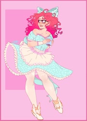 Size: 1280x1778 | Tagged: safe, artist:copshop, oc, species:human, bow, clothing, dress, glasses, hair bow, humanized, not pinkie pie, solo, stockings, thigh highs