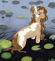 Size: 1500x1656 | Tagged: safe, artist:lovely-pony, oc, oc only, oc:radiant valor, species:earth pony, species:pony, female, lily pad, mare, pond, solo, water