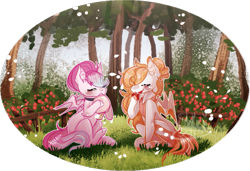 Size: 809x554 | Tagged: safe, artist:shiroikitten, oc, oc only, oc:juicy peach, oc:raspberry fuzz, species:bat pony, species:pony, female, flower, forest, mare, simple background, transparent background