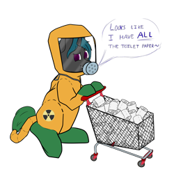 Size: 3000x3000 | Tagged: safe, artist:soupyfox, oc, oc only, species:changeling, species:pony, cart, changeling oc, colored, coronavirus, flat colors, hazmat suit, pushing, simple background, solo, toilet paper, transparent background