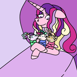 Size: 1000x1000 | Tagged: safe, artist:crownofslime, character:princess cadance, oc, oc:love letter, oc:peppermint wish, oc:twinkletoes, parent:minty mocha, parent:princess cadance, parents:cadmocha, species:alicorn, species:earth pony, species:pony, species:unicorn, baby, baby pony, colored, female, magical lesbian spawn, mother, mother and child, mother and daughter, newborn filly, offspring, triplets