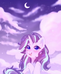 Size: 1266x1536 | Tagged: safe, artist:whiteliar, character:starlight glimmer, species:pony, species:unicorn, cloud, colored pupils, constellation, crescent moon, cute, female, glimmerbetes, mare, moon, night, open mouth, sky, smiling, solo, stars