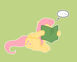 Size: 836x682 | Tagged: safe, artist:dieva4130, character:fluttershy, species:pegasus, species:pony, ..., book, covering face, cute, female, green background, hoof hold, mare, reading, shyabetes, simple background, sitting, solo, thought bubble