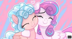 Size: 530x293 | Tagged: safe, artist:lilith1light, base used, character:cozy glow, character:princess flurry heart, species:alicorn, species:pegasus, species:pony, cheek squish, eyes closed, female, mare, older, older cozy glow, older flurry heart, side hug, smiling, squishy cheeks