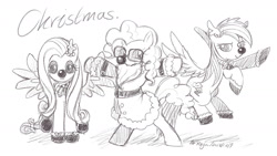 Size: 1280x720 | Tagged: safe, artist:roya, character:fluttershy, character:pinkie pie, character:rainbow dash, animal costume, beard, christmas, clothing, costume, facial hair, glasses, holiday, pencil drawing, reindeer costume, santa costume, traditional art