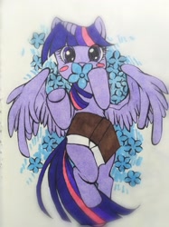 Size: 1532x2048 | Tagged: safe, artist:roya, character:twilight sparkle, character:twilight sparkle (alicorn), species:alicorn, species:pony, blush sticker, blushing, book, cute, eye clipping through hair, female, flower, on back, pixiv, solo, traditional art, twiabetes