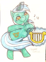 Size: 1532x2048 | Tagged: safe, artist:roya, character:lyra heartstrings, female, lyre, magic, marker drawing, musical instrument, playing instrument, solo, traditional art