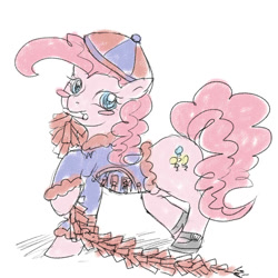 Size: 1000x1000 | Tagged: safe, artist:roya, character:pinkie pie, species:earth pony, species:pony, blushing, chinese new year, clothing, digital art, female, fireworks, hat, mare, shoes, simple background, sketch, solo, white background