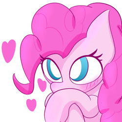 Size: 1000x1000 | Tagged: safe, artist:chocodamai, character:pinkie pie, species:earth pony, species:pony, blushing, cute, diapinkes, digital art, female, heart, simple background, solo, white background