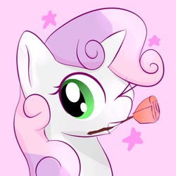 Size: 1000x1000 | Tagged: safe, artist:chocodamai, character:sweetie belle, species:pony, species:unicorn, ;d, cute, diasweetes, digital art, female, flower, one eye closed, rose, simple background, smiling, solo, stars, wink