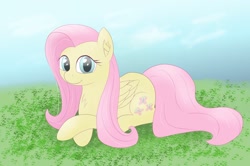 Size: 1596x1062 | Tagged: safe, artist:chocodamai, character:fluttershy, species:pegasus, species:pony, crossed hooves, digital art, female, lying down, lying in grass, mare, prone, smiling, solo