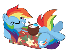 Size: 1024x771 | Tagged: safe, artist:kabuvee, character:rainbow dash, species:pony, g4, backwards cutie mark, clothing, coconut, female, food, hawaiian shirt, one eye closed, shirt, simple background, solo, transparent background, wink