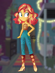 Size: 1152x1536 | Tagged: safe, artist:saltymango, character:sunset shimmer, species:eqg human, g4, my little pony:equestria girls, alternate clothes, alternate hairstyle, annoyed look, bare shoulders, beautiful, boots, clothing, cute, female, hands on hip, high heel boots, high heels, looking sideways, pants, shimmerbetes, shoes, solo, tube top