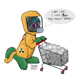Size: 3000x3000 | Tagged: safe, artist:soupyfox, oc, oc only, oc:omega672, species:changeling, species:pony, cart, commission, coronavirus, hazmat suit, ionizing radiation warning symbol, pushing, simple background, solo, text, toilet paper, toilet paper roll, transparent background