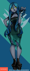 Size: 425x1000 | Tagged: safe, artist:srasomeone, character:queen chrysalis, species:changeling, g4, my little pony:equestria girls, changeling queen, clothing, dress, equestria girls-ified, female, fishnets, green eyes, looking at you, patreon, solo, url
