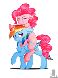 Size: 914x1216 | Tagged: safe, artist:monsoonvisionz, character:pinkie pie, character:rainbow dash, species:earth pony, species:pegasus, species:pony, g4, chest fluff, cute, diapinkes, duo, ponies riding ponies, rainbow dash is not amused, riding, simple background, tongue out, unamused, white background