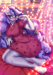 Size: 2480x3508 | Tagged: safe, alternate version, artist:hikerumin, oc, oc:cinnabyte, species:anthro, g4, breasts, clothing, dress, female, glasses, gloves, solo