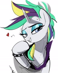 Size: 1624x2043 | Tagged: safe, artist:azamiii, character:rarity, species:pony, species:unicorn, g4, alternate hairstyle, bedroom eyes, female, floating heart, heart, mare, punk, punkity, raised hoof, simple background, solo, white background
