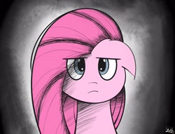 Size: 3348x2553 | Tagged: safe, artist:drawalaverr, character:pinkamena diane pie, character:pinkie pie, species:earth pony, species:pony, g4, angry, annoying, bust, dark background, eye clipping through hair, female, high res, looking at you, mare, portrait, solo