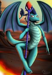 Size: 1280x1840 | Tagged: safe, artist:bomzzzik, character:princess ember, species:dragon, g4, bloodstone scepter, digital art, dragon lands, dragon lord ember, female, horns, scepter, smiling, solo