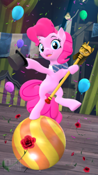 Size: 1080x1920 | Tagged: safe, artist:owlpirate, character:pinkie pie, species:earth pony, species:pony, g4, 3d, balloon, balls, bipedal, bow tie, clothing, confetti, female, flower, happy, hat, mare, open mouth, rose, scepter, source filmmaker, twilight scepter