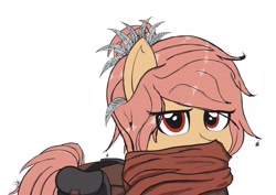 Size: 2974x2111 | Tagged: safe, artist:drawalaverr, oc, species:earth pony, species:pony, g4, bag, clothing, eye clipping through hair, feather, female, high res, looking at you, mare, saddle bag, scarf, serious, serious face, simple background, solo, white background