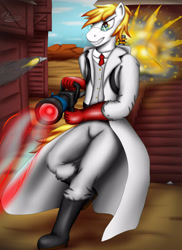 Size: 2550x3509 | Tagged: safe, artist:bomzzzik, oc, species:anthro, species:pony, g4, anthro oc, digital art, explosion, game, male, medic, solo, team fortress 2
