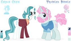 Size: 1024x592 | Tagged: safe, artist:kabuvee, oc, oc only, oc:carbon chain, oc:troubled bubble, species:pony, species:unicorn, g4, clothing, female, glasses, male, mare, simple background, stallion, transparent background