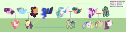 Size: 1280x332 | Tagged: safe, artist:crownofslime, character:minty mocha, character:princess cadance, character:princess celestia, character:princess luna, character:rainbow dash, character:saffron masala, character:somnambula, character:sugar belle, oc, oc:dione despina electra, oc:love letter, oc:peela poppyseed, oc:peppermint wish, oc:twinkletoes, parent:minty mocha, parent:princess cadance, parent:princess celestia, parent:rainbow dash, parent:somnambula, parent:sugar belle, parents:cadmocha, g4, cadmocha, crack shipping, family tree, female, lesbian, magical lesbian spawn, offspring, parents:rainbowmasala, parents:somnlestia, parents:sugardash, rainbowmasala, shipping, somnlestia, sugardash