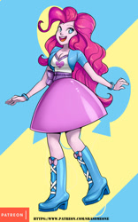 Size: 531x850 | Tagged: safe, artist:srasomeone, character:pinkie pie, species:eqg human, g4, my little pony:equestria girls, boots, breasts, busty pinkie pie, cleavage, clothing, female, open mouth, shoes, skirt, solo