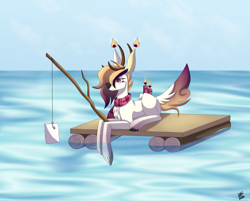Size: 2351x1890 | Tagged: safe, artist:sadatrix, oc, oc only, oc:blueberry, species:deer, g4, candle, closed species, female, fishing rod, original species, prone, raft, scented pony, solo, water