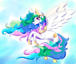 Size: 5094x4332 | Tagged: safe, artist:nedemai, character:princess celestia, species:alicorn, species:pony, g4, colored pupils, colorful, female, flying, solo
