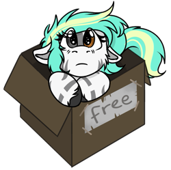 Size: 569x567 | Tagged: safe, artist:rokosmith26, part of a set, oc, oc only, oc:rokosmith, species:pegasus, species:pony, g4, box, chibi, colored, cute, eye clipping through hair, female, floppy ears, heterochromia, looking at you, mare, puppy dog eyes, roko's box ponies, simple background, solo, stripes, text, transparent background, weapons-grade cute