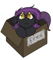 Size: 534x605 | Tagged: safe, artist:rokosmith26, part of a set, oc, oc only, oc:lunier constantine, species:bat pony, species:pony, g4, box, chibi, colored, cute, eye clipping through hair, female, floppy ears, looking at you, mare, puppy dog eyes, roko's box ponies, simple background, solo, text, transparent background, weapons-grade cute