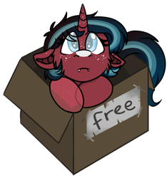 Size: 541x577 | Tagged: safe, artist:rokosmith26, part of a set, oc, oc only, oc:echo, species:bat pony, species:pony, species:unicorn, g4, bat pony unicorn, blind, box, chibi, colored, cute, eye clipping through hair, female, filly, floppy ears, freckles, horn, hybrid, looking at you, puppy dog eyes, roko's box ponies, simple background, solo, tail, teeth, text, tooth, transparent, transparent background