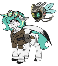 Size: 994x1123 | Tagged: safe, artist:rokosmith26, oc, oc only, oc:rokosmith, species:pegasus, species:pony, fallout equestria, g4, bag, clothing, colored wings, ear fluff, female, floppy ears, goggles, gun, heterochromia, hoof fluff, looking up, mare, markings, messy mane, multicolored wings, robot, short hair, shotgun, simple background, solo, spread wings, spritebot, standing, stripes, transparent background, weapon, wings
