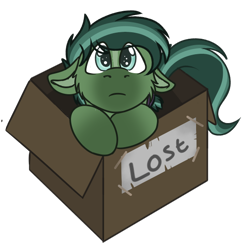 Size: 572x581 | Tagged: safe, artist:rokosmith26, part of a set, oc, oc only, oc:clover march, species:pegasus, species:pony, g4, box, cheek fluff, chibi, colored, cute, eye clipping through hair, floppy ears, green eyes, looking at you, male, puppy dog eyes, roko's box ponies, short hair, simple background, solo, stallion, tail, text, transparent background