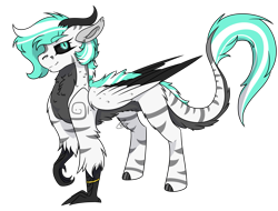 Size: 2199x1675 | Tagged: safe, artist:rokosmith26, oc, oc only, oc:petroko smith, species:pony, g4, belly fluff, bracelet, chest fluff, claws, colored, colored wings, demon, female, floppy ears, fluffy, folded wings, hooves, horn, hybrid, jewelry, leg in air, mare, markings, multicolored wings, original species, raised claw, short hair, simple background, slit eyes, slit pupils, solo, standing, stripes, tail fluff, transparent background, wings